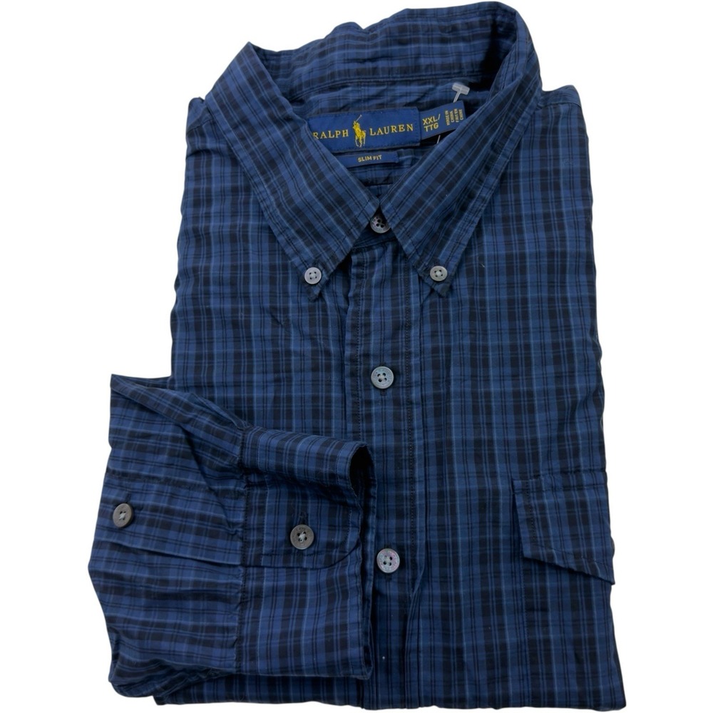 Ralph Lauren‎ Blue Black Plaid Cotton Button Down Shirt Long Sleeve Men's 2XL